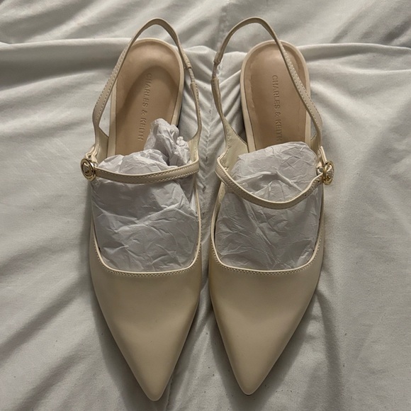 Charles & Keith Shoes - Charles & Keith Cream Pointed Slingback Flats with Gold Buckle